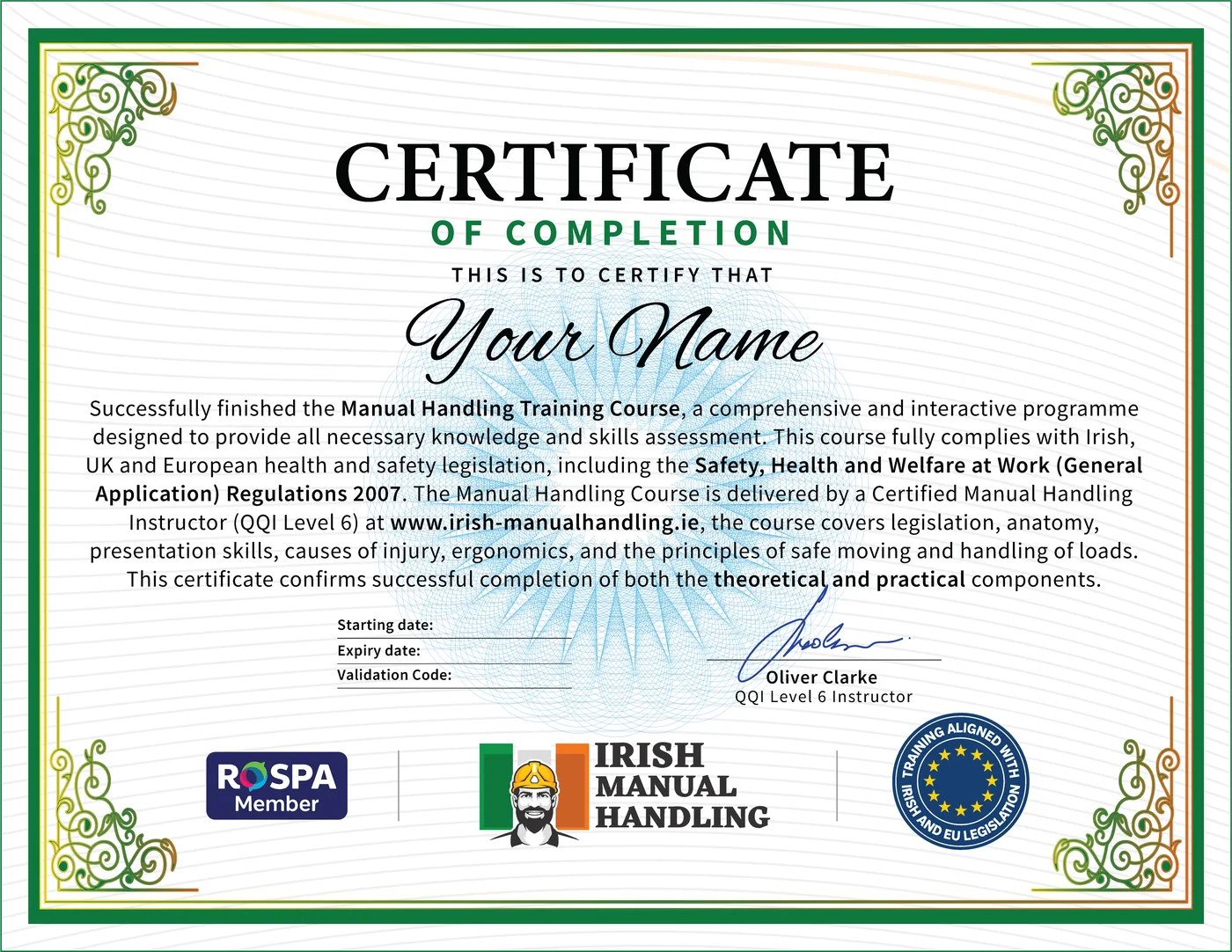 Official Manual Handling Certificate: QQI accredited Manual Handling Cert from Irish Manual Handling Dublin Ireland, Instant Download