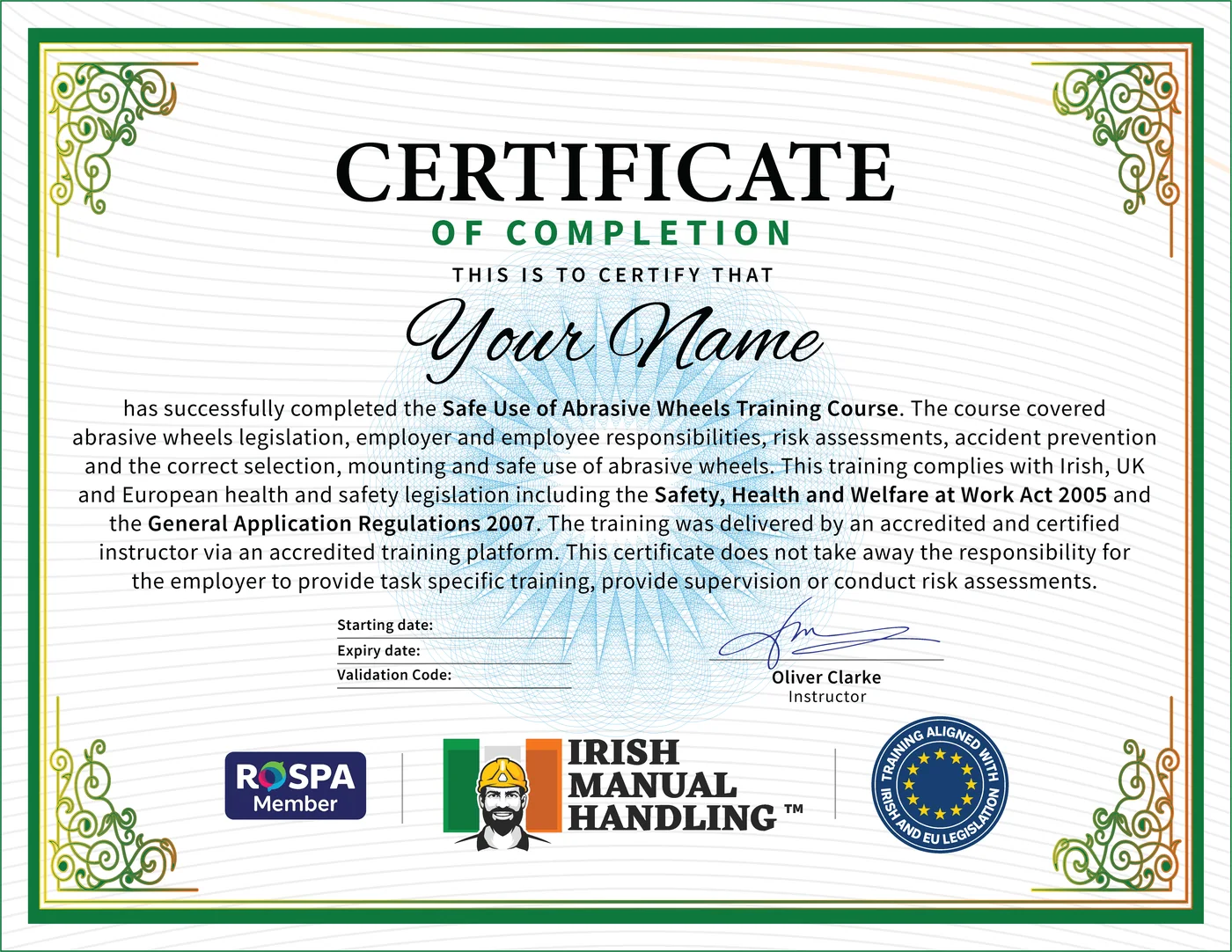 Abrasive Wheels Certificate Example, CPD Accredited, RoSPA Approved, Irish Manual Handling