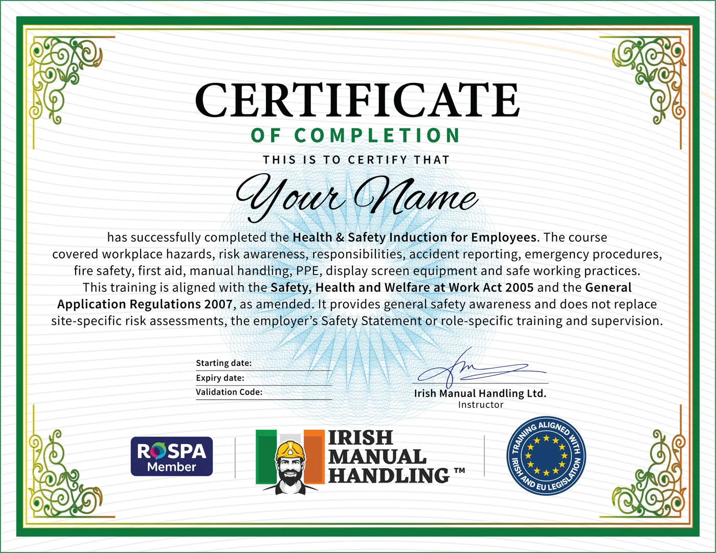 Health & Safety Induction for Employees Certificate Example, CPD Accredited, RoSPA Approved, Irish Manual Handling