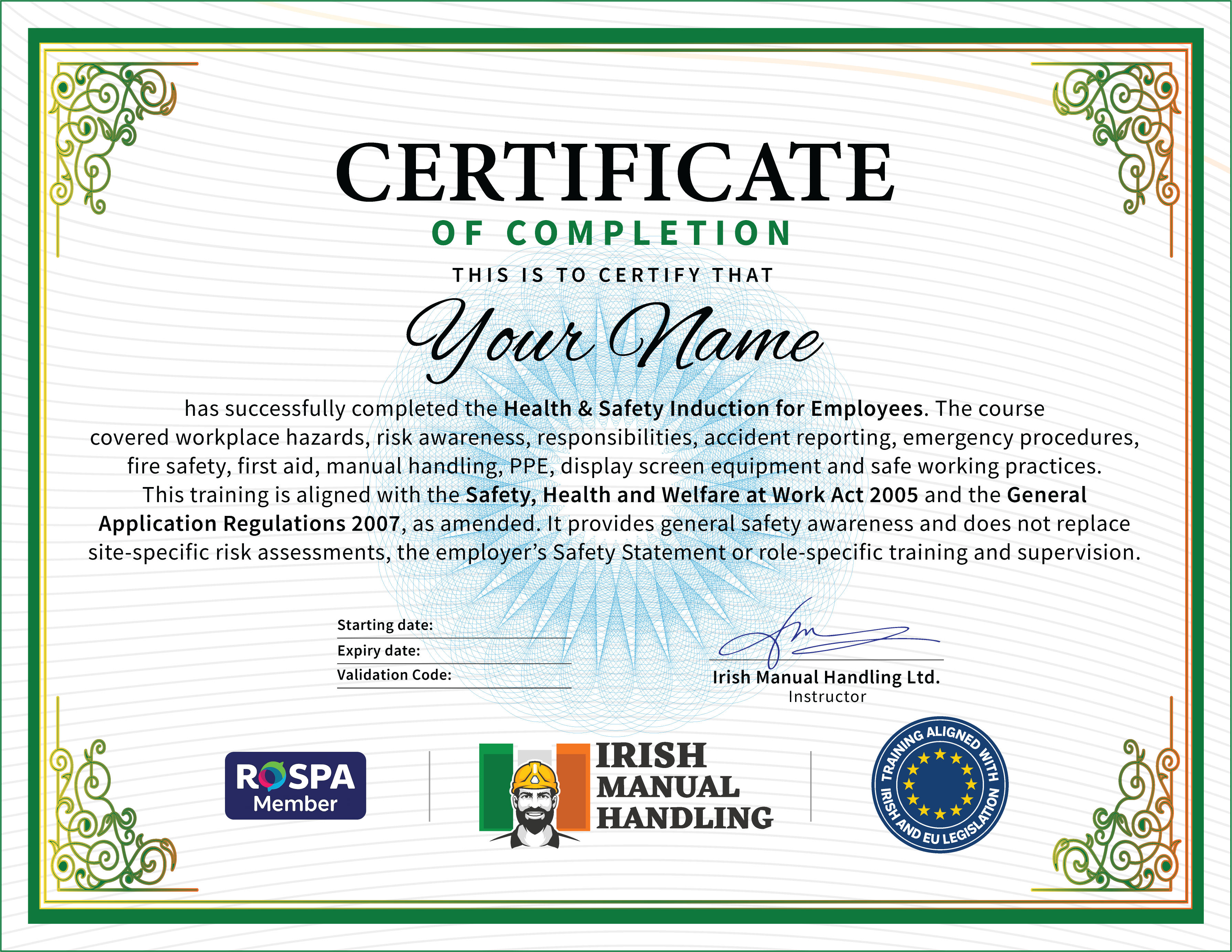 Health & Safety Induction for Employees Certificate Example, CPD Accredited, RoSPA Approved, Irish Manual Handling