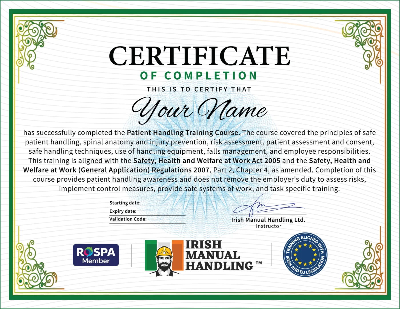 Patient Handling Training Certificate Example, CPD Accredited, RoSPA Approved, Irish Manual Handling
