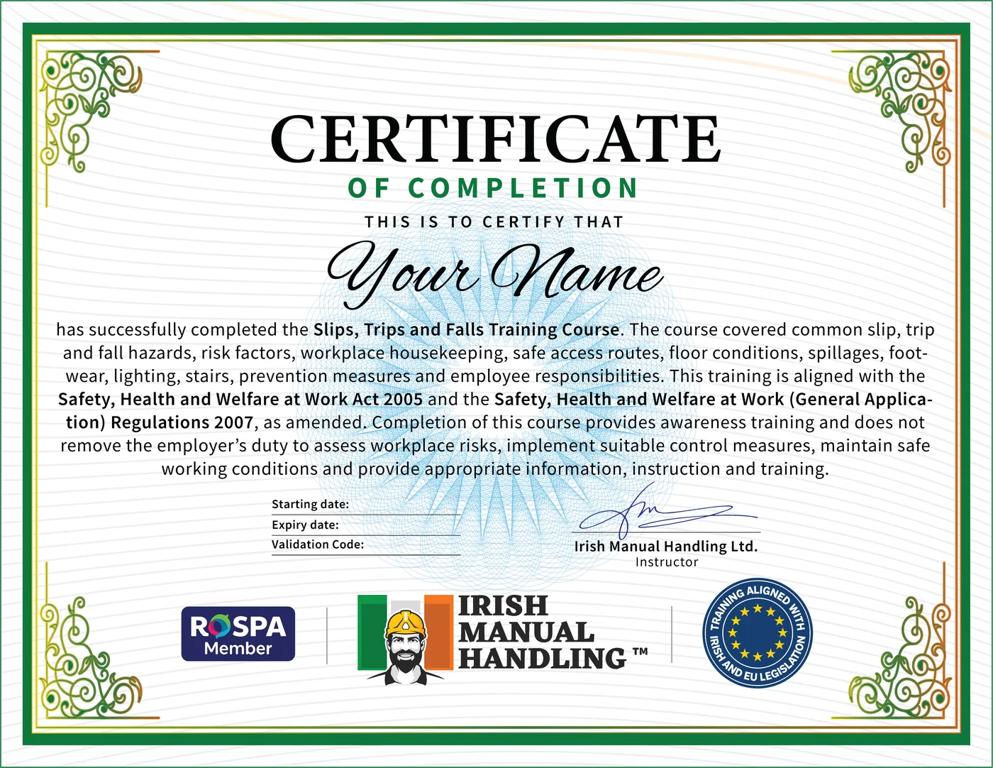 Slips, Trips and Falls Training Online Certificate Example, CPD Accredited, RoSPA Approved, Irish Manual Handling