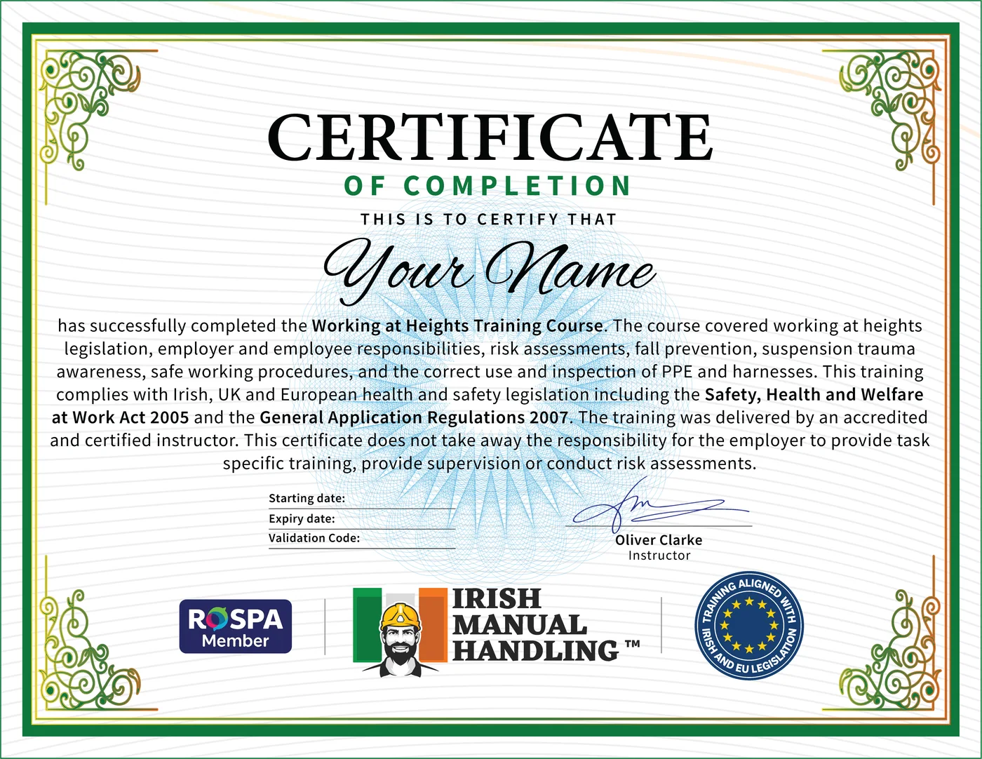 Working at Heights Certificate Example, CPD Accredited, RoSPA Approved, Irish Manual Handling