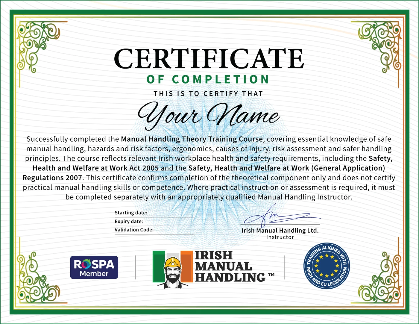 Manual Handling Theory Certificate Example, QQI Assessed, RoSPA Approved, Irish Manual Handling