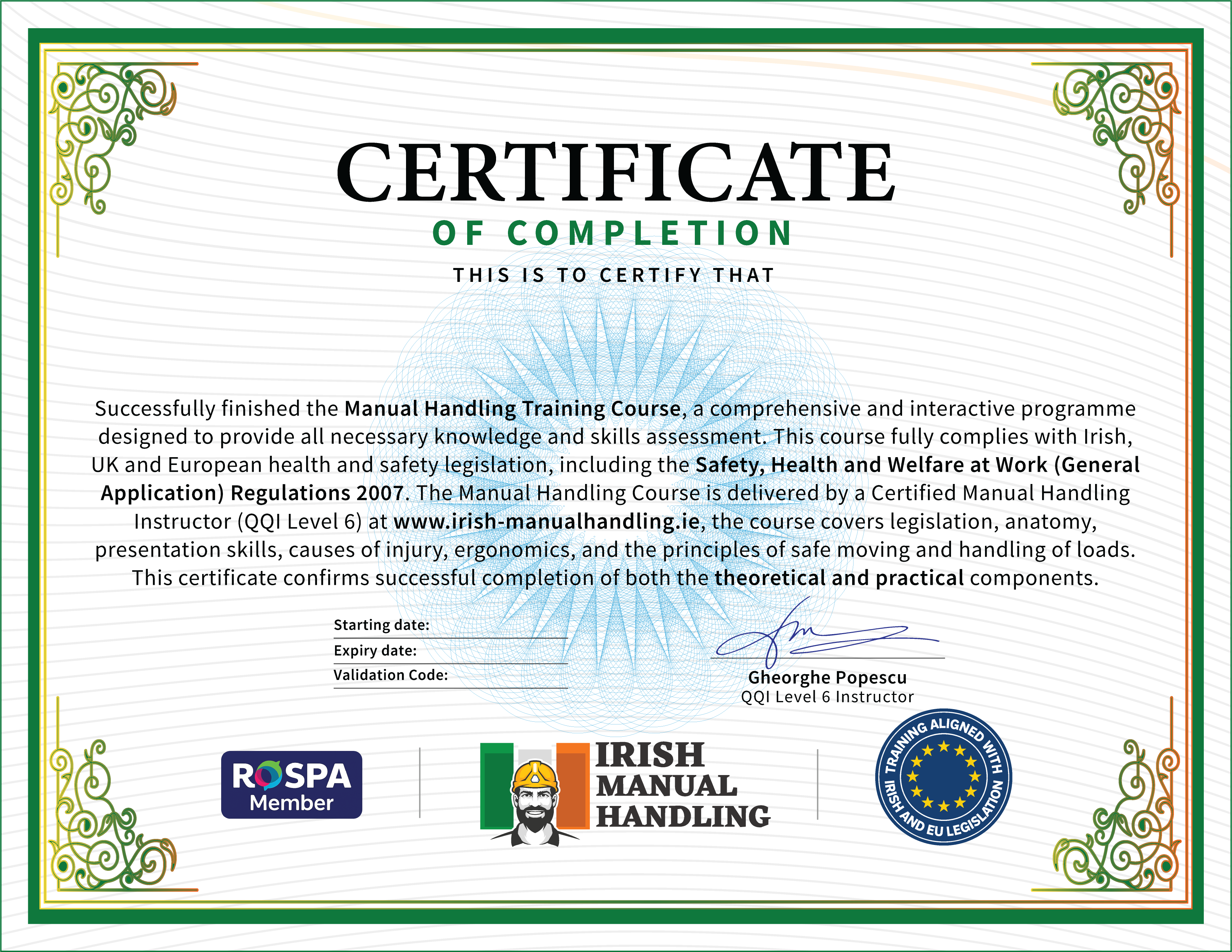 Manual Handling Certificate - Official HSA compliant certificate sample